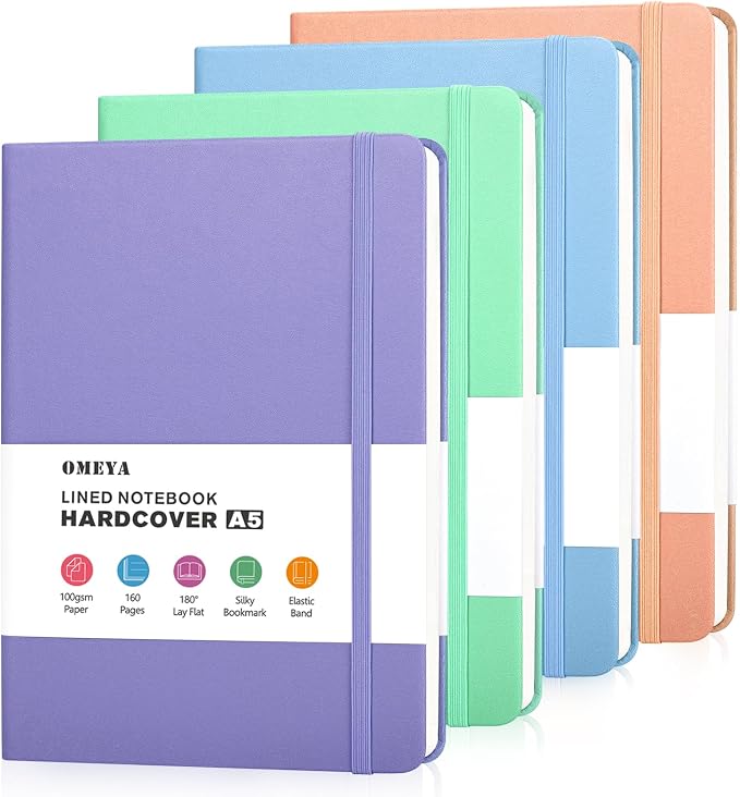 OMEYA Hardcover Journal Notebooks for Work: 4 Pack, A5 100gsm Lined Paper | Multicolor, 5.7" x 8.3", PU Leather Cover, Notebooks for Office, School, Meetings, Daily Plans and Personal Journaling
