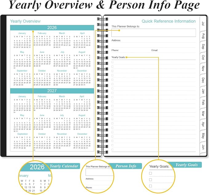 Planner 2026-2027 - A5 Weekly & Monthly Planner Spiral Bound, July 2026 - June 2027, with Flexible Cover, Tabs, Inner Pocket, 6.4" x 8.5", Black