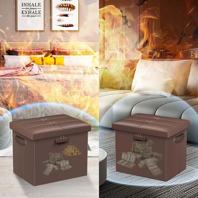 DocSafe Storage Ottoman Foot Rest Stool with Lock ＆ Handle, Fireproof Folding Leather Footstool Bench with Storage Safe for Living Room Bedroom, Home Office, Dorm, 17x13x13in, Brown