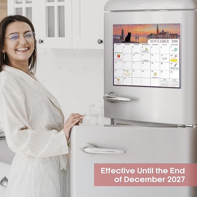 Aesthetic 2026-2027 Magnetic Calendar for Refrigerator, 21-Month Fridge Calendar Magnet from April 2026 to December 2027, Easy Organizing, Black Cats