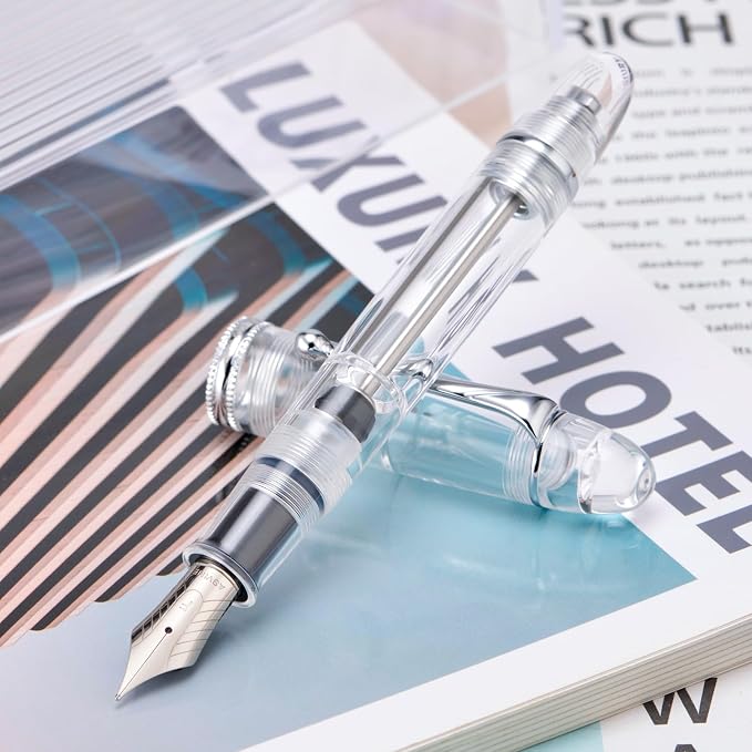 Asvine V800 Fountain Pen - Vacuum Filling System with Large Ink Capacity - Smooth Number 8 Medium Nib with Gift Case and Wrench - Clear Silver Acrylic
