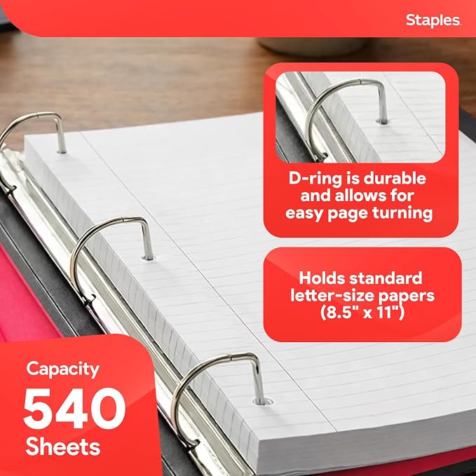 Staples Heavy-Duty 2-Inch D-Ring Binder, Red – 3-Ring Binder with Pockets, Holds Up to 540 Sheets for School & Office