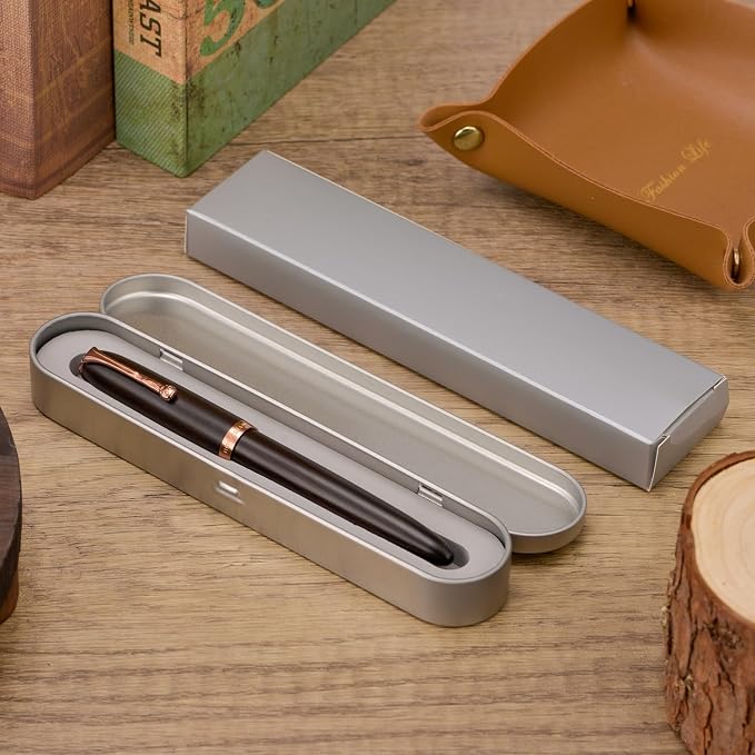 HONG DIAN A10 Fountain Pen, Fine Soft Nib Black Ebony Wood with Magnetic Cap Design and Metal Case Set