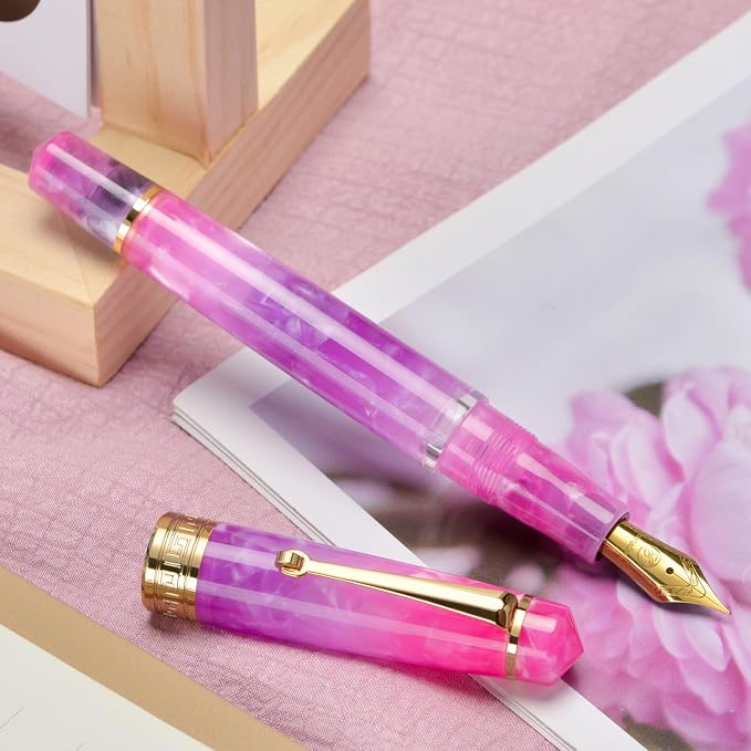 Asvine P20 Piston Fountain Pen Gradual Purple Resin, Iridium Extra Fine Nib Gold Trim Smooth Writer Collection with Case Set