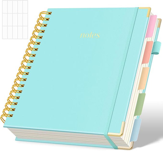 SKYDUE Spiral Journal for Women, B5 College Ruled Notebooks for Work with Dividers,Tabs and Pocket, Mint