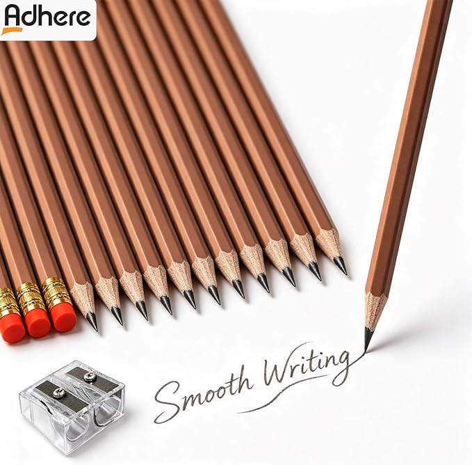 Adhere 25pcs Woodcase Pencils with Eraser Premium Pre-Sharpened Hexagon Graphite 2B pencils ideal for home, office writing including a Free Sharpener (Brown・25pcs)
