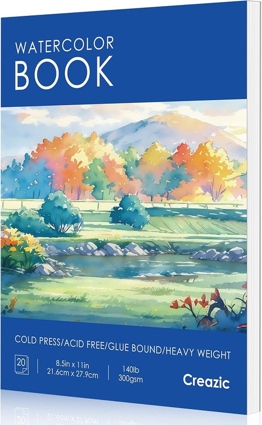 Creazic Watercolor Paper Pad 8.5"x11" (140lb/300gsm) - Acid-Free Art Pad | Cold-Pressed Heavyweight Sketchbook for Artists, Kids & Adults - Great for Watercolors, Mixed Media & Craft Projects (Blue)