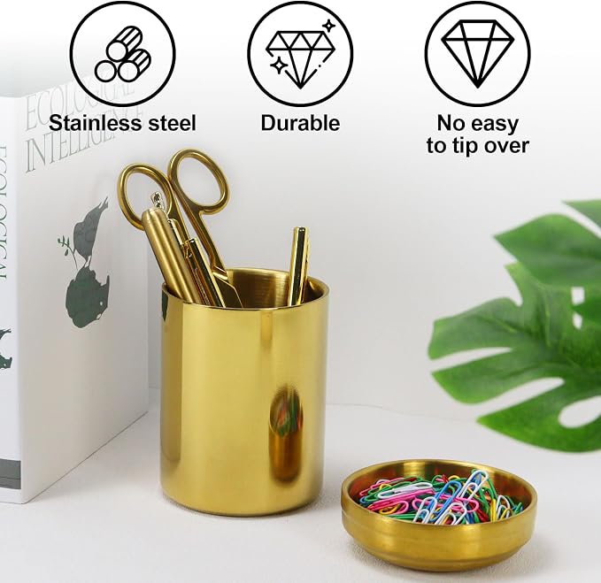 MultiBey 2 Pcs Gold Desk Organizer Set, Luxury Paper Clip Holder & Pencil Holder Cup for Office Supplies, Metal Makeup Brush Holder, Decorative Desktop Accessories (Gold)