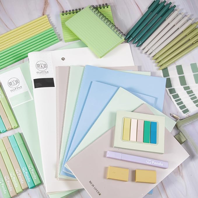Colarr 54 Pcs Aesthetic College School Supplies Back to School Set,Green | 3 A5 + 3 B5 Lined Notebook, 12 Gel Pen, 12 Pencil, 12 Highlighter, Sticky Tabs, Folder Storage Bag, Journal Stationery Set