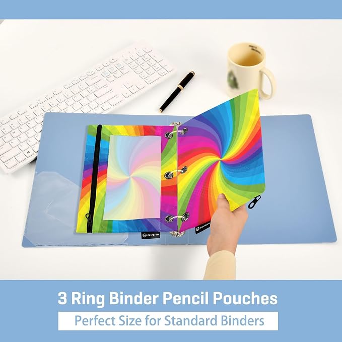 Rainbow Pencil Pouch Fits Standard 3-Ring Binders, Zipper Binder Pencil Bag with Clear Window for Class Office 2 Pack