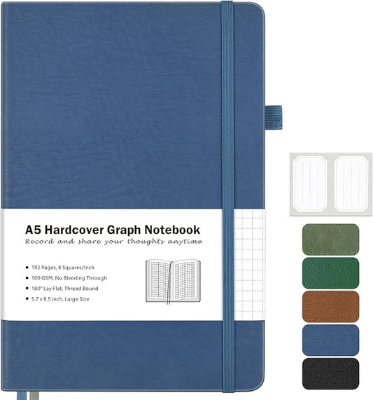 MALEDEN Notebook, A5 Hardcover Leather Notebook for Work, Notebook Journal for Women, Men, 192 Thick Paper, Large Notebook with Pockets, Professional Business Notebook (Graph, Blue)