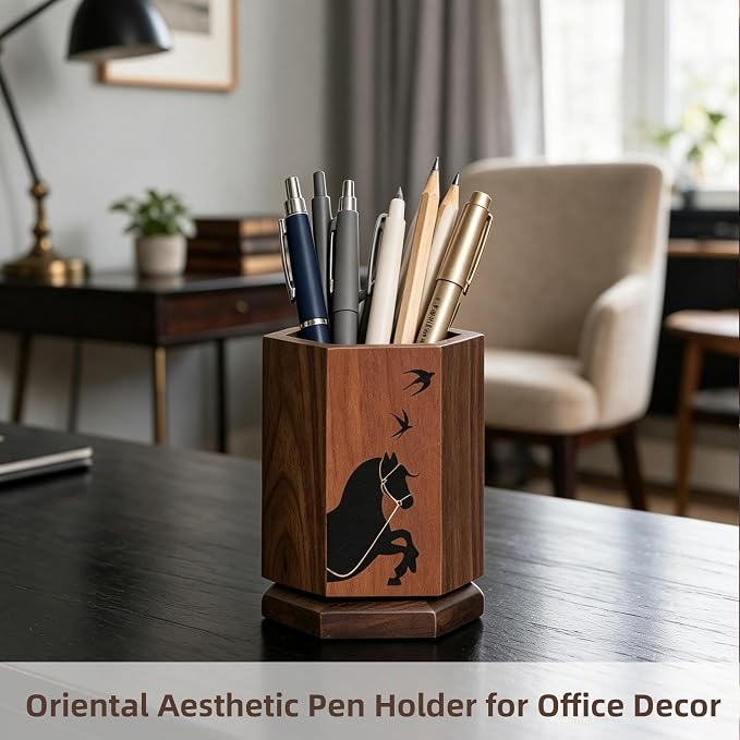 Solid Wood Pen Holder for Desk, Rotating Pencil & Pen Holder | Black Walunt Wood & Cherry Wood Pen Cup, Hexagonal, Walnut Desk Accessories, Desk Organizer for Office,Gift for Horse Lover