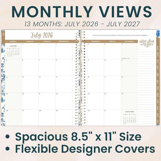 bloom daily planners 2026-2027 Planner (8.5” x 11") 13 Month Academic Organizer (July 2026 - July 2027) - Weekly & Monthly Agenda Book with Stickers & Tabs - Blue & White Floral