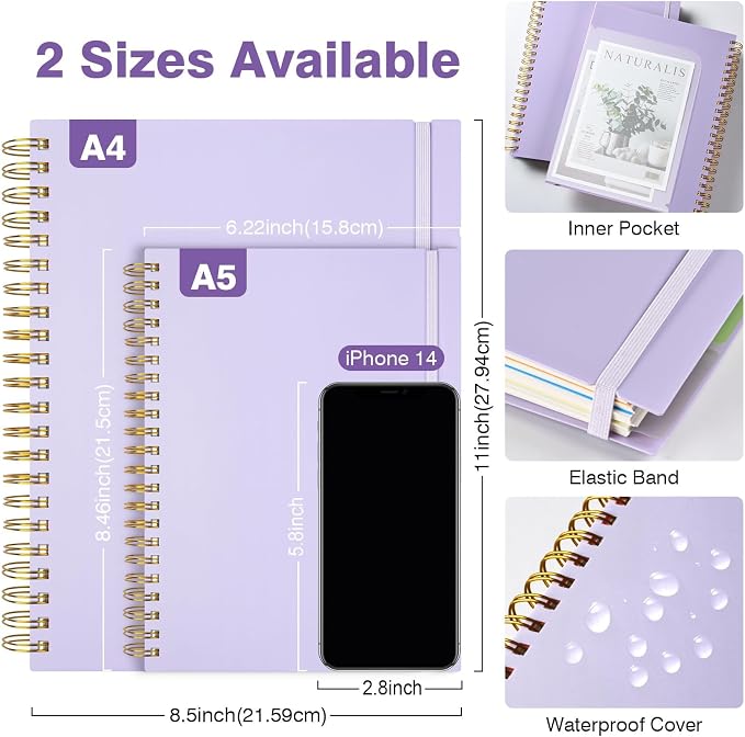 5 Subject Notebooks College Ruled, Lined Notebook with Removable Dividers | 300 Pages 100GSM Thick Spiral Writing Journal for Women & Men, Small A5 Spiral Notebooks for Work, School Supplies, 6" x 8"