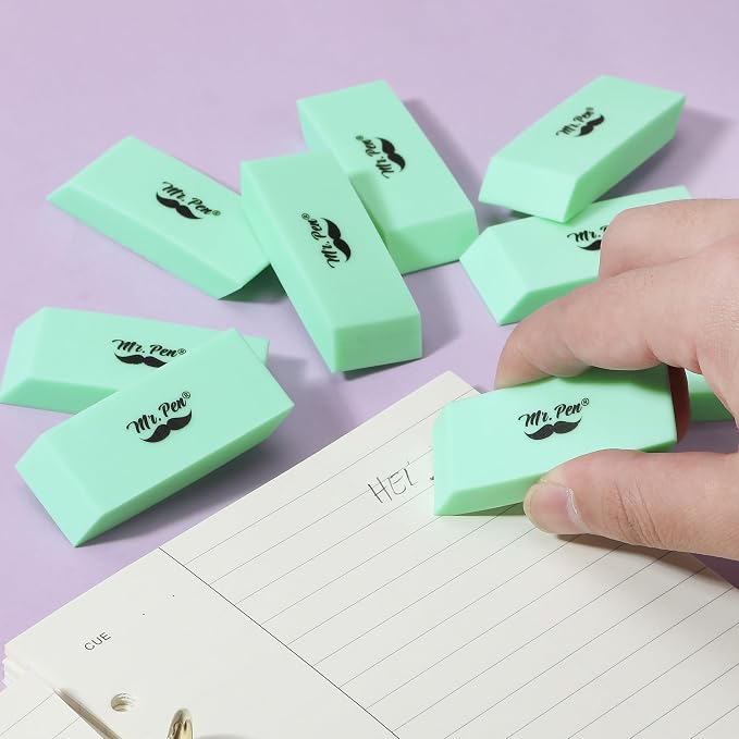 Mr. Pen- Pencil Eraser, 12 Pack, Green | Large Latex Free Block Erasers for School, Office, Art Sketching, Homework, Exams, Clean Smudge-Free Correction
