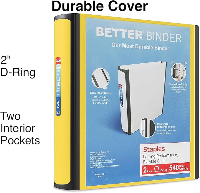 Staples Better Binder 2-Inch 3-Ring Binder, Yellow – Heavy-Duty Binder for School & Office Organization