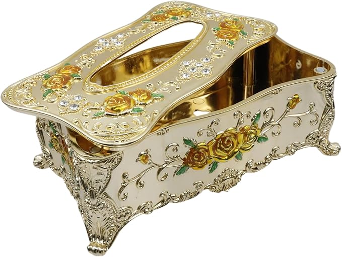 Luxurious Rose Tissue Box with Imitation Diamonds,Gold-Yellow | 9.45"x5.43"x3.94"，Embossed Flowers, Elegant Tissue Paper Holders，for Home Toilet Bath Hotel