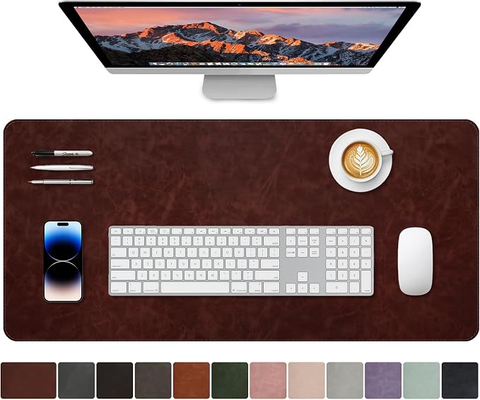 CHEERYGOO Leather Desk Pad Protector, Mouse Pad, Office Desk Mat, Non-Slip PU Leather Desk Blotter, Laptop Desk Pad, Waterproof Desk Writing Pad for Office and Home 36"x17" XL Reddish Brown