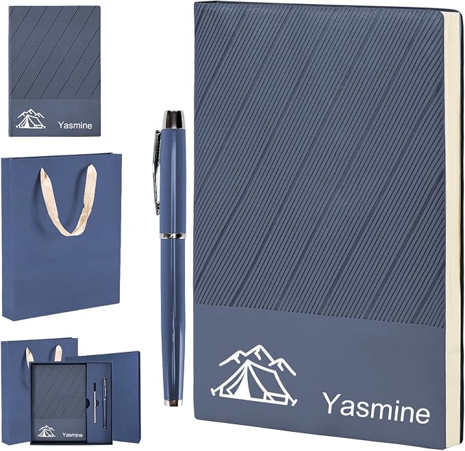 ENOMY Personalized Notebook Set with Pen & Gift Box A5 Leather Custom Notebook 200 Pages Lined Journal for Work,Business,College,Travel,Birthday,Valentine's Day Gift, Blue