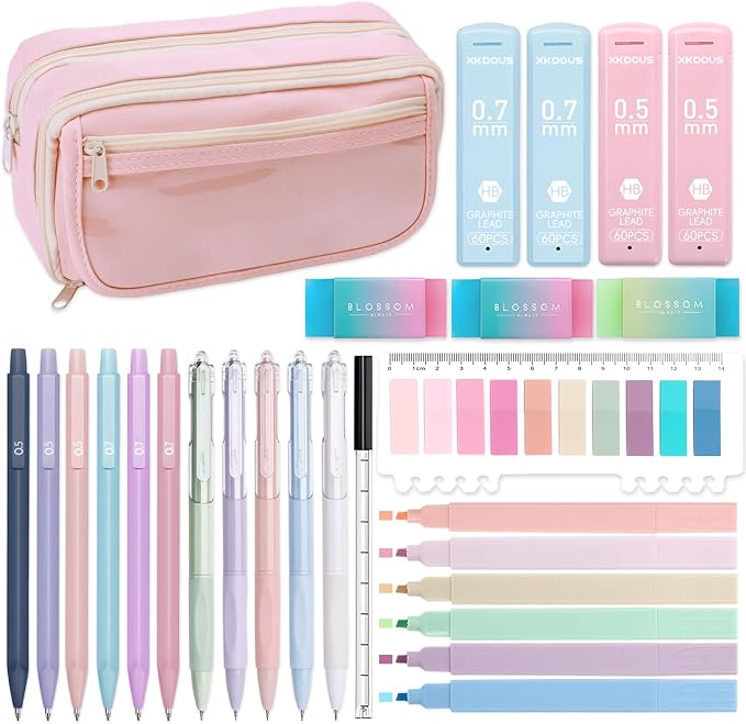 XKDOUS Preppy School Supplies Kit with Large Capacity Pencil Case, 6 Mechanical Pencils 0.5mm & 0.7mm with 240 Lead Refills, 6 Pastel Highlighters, 5 Gel Pens for Stationary College Essentials Gifts
