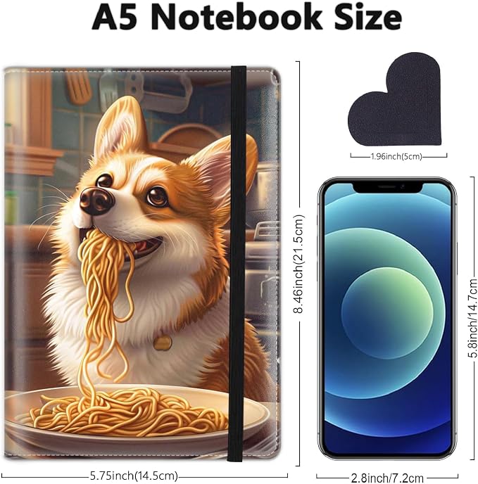 A5 Leather Lined Journal Notebook, 200 Pages Hardcover Executive Notebook for Men Women Office School Note Taking, Thick Writing Paper Daily Journal with Bookmarks/Indexes,Corgi Dog Eating Ramen