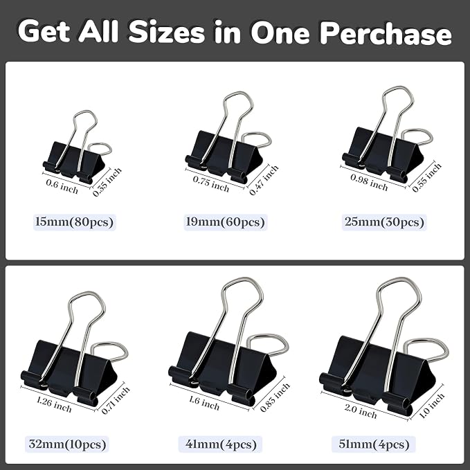 Temiary 188 Pcs Binder Clips with Container, Assorted 6 Sizes Clamps, Black | 0.6 & 0.75 & 0.98 & 1.26 & 1.6 & 2 Inch Metal Binder Clip in One Pack, Paperwork Clamp Bulk for Office, Home, School