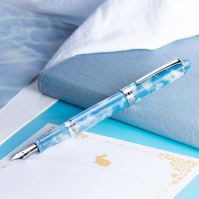 Asvine P50 Piston Fountain Pen Bock Extra Fine Nib Sky Blue Resin, Silver Trim Smooth Writer Collection with Pen Case Gift Set