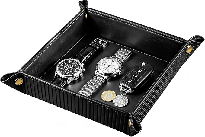 YAPISHI Light Luxury Valet Tray for Men, PU Leather Vanity Jewelry Tray & Decorative Perfume Catchall, Folding Travel EDC Dump Tray, Nightstand Organizer Caddy for Keys, Watches, Coin Bowl Dish