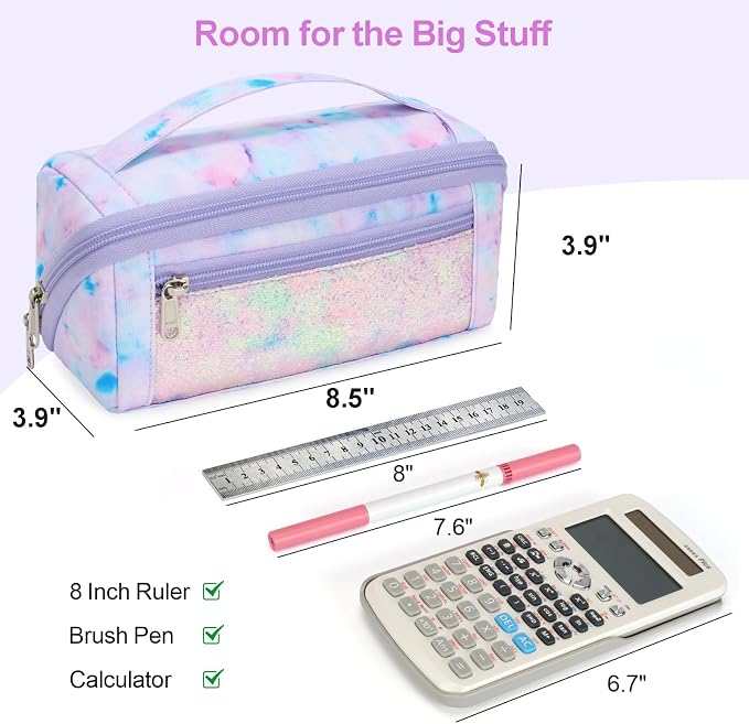 Large Pencil Case for Girls - Aesthetic Pencil Pouch for School | Kids Pencil Case & Wide Handle, Water Resistent Organizer Box, Fits 50 Pens & Markers, Daily Use, Glitter Purple Tie-Die