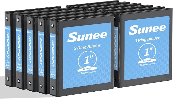 SUNEE 1 Inch Binders 3 Ring 10 Pack Bulk, PVC-Free Clear View 1" Binders (Fits 8.5x11 Inches) for School, Office & Home Use, Black