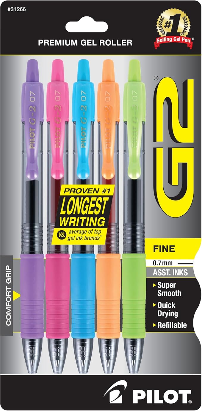 Pilot G2 Premium Refillable and Retractable Rolling Ball Colored Gel Pens, Fine Point, 0.7mm, Assorted Color Inks, 5-Pack