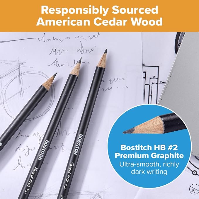 Bostitch, Wood-Cased Pencil Plus, Retractable Eraser, American Cedar Wood, #2 HB, Round, Matte Black, Pre-sharpened, Twenty Pack