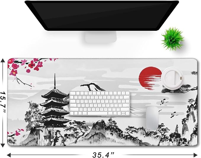Japanese Landscape Large Mouse Pad, Large Extended Mouse Pad for Home Office Gaming Work 35.4x15.7 inch, Big Computer Mousepad Waterproof Non-Slip Rubber Mice Pads Stitched Edges