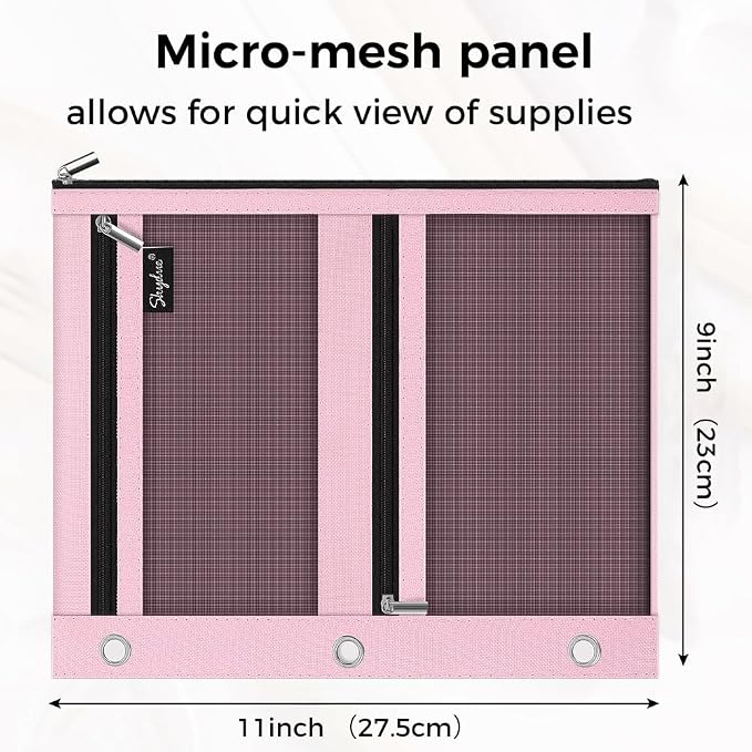 SKYDUE Pencil Pouch for Binder, Pencil Case, 3 Ring Binder Pencil Pouch with 3 Pockets and Mesh Window, Zipper Pencil Pouch, Durable Organizer for School Supplies, Cables, Earbuds, Makeup, Pink