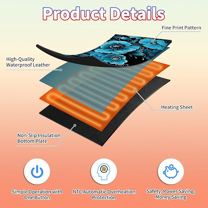Heated Desk Pad Large Mouse Pad 23.6 x 14.1 inch with 3 Levels Heating & Auto Shut-Off Warm Mouse pad PU Leather Computer Mousepad for Home Office Work - Blue Floral Flower