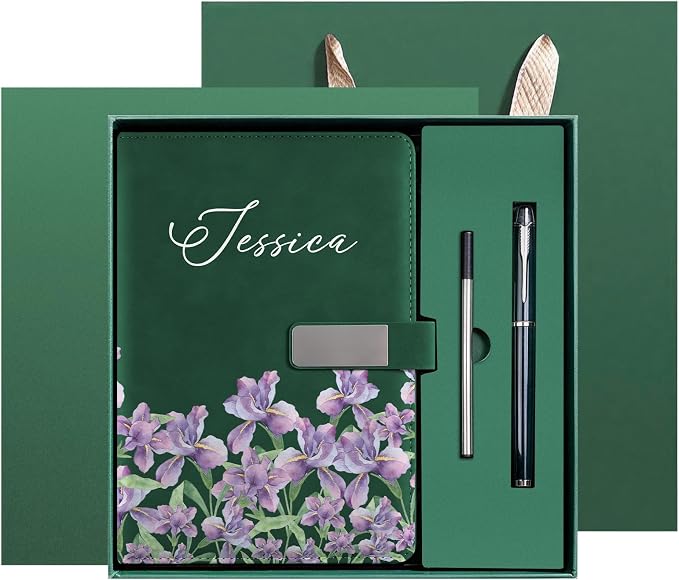 Personalized Notebook with Pen and Gift Box - A5 Lined PU Leather Journal - Gift for Women, Business Professionals, Students, Teachers, Mom - Custom Name and Flowers
