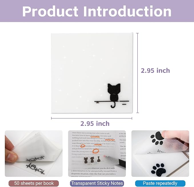 300-Sheet Pearlescent Cat Sticky Notes, 6 Pads | 300 Sheets Pearlescent Sticky Notes; Shimmering Glitter Translucent Memo Pads; Cat Design Self-Stick Notes for Planner