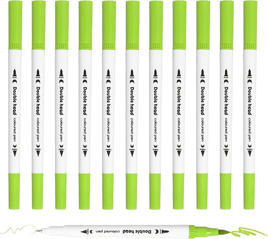 PATIKIL 12Pack Dual Brush Markers, Yellow Green Watercolor Fine and Brush Tips Pens Colored Marker Calligraphy Coloring Art Supplies Set for Coloring Book Illustration Sketching Journaling