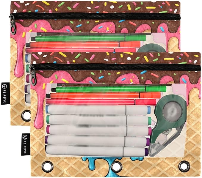 Gredecor 3 Ring Binder Pencil Pouch, American Football Ice Cream Zippered Pen Case Pouches with Clear Window, 2 Pack Stylish Office & School Supplie
