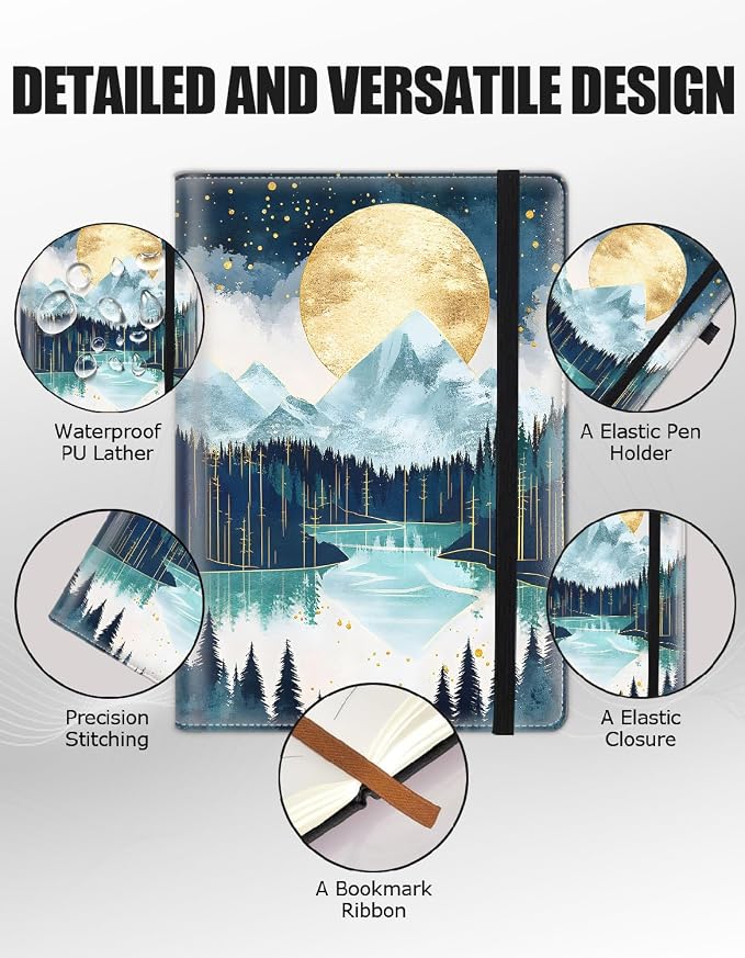 Hardcover Executive Notebooks, A5 PU Leather Lined Journal Notebook, 200 Pages Thick Paper Subject Notebooks for School,Work,Home Writing Business Notebook, Diary Book ，Moon Over Mountains