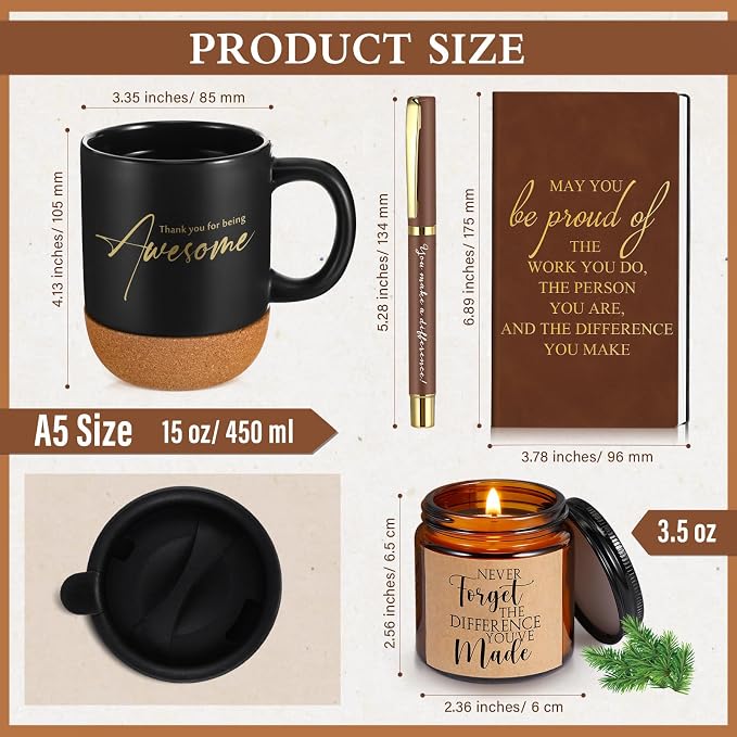 Sayglossy 4 Pcs Thank You Gifts Set for Men Back to School Teacher Appreciation Gift Leather Notebook Inspirational Coffee Mug Scented Candle Ballpoint Pen for Male Employee Coworker Nurse Boss, Brown