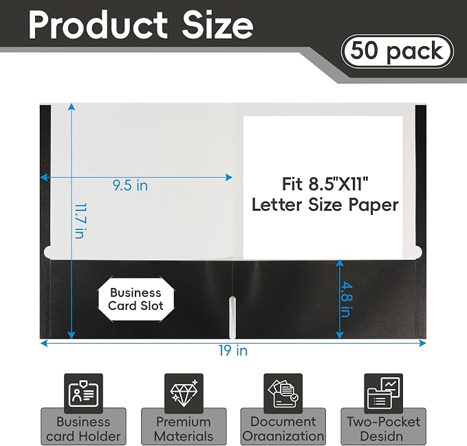 VZCPYTPM 50 Pack Black Folders with Pockets,2 Pocket File Folders for Letter Size (8.5 x 11 Inch),Professional Design with Business Card Slot for Office and School Organization