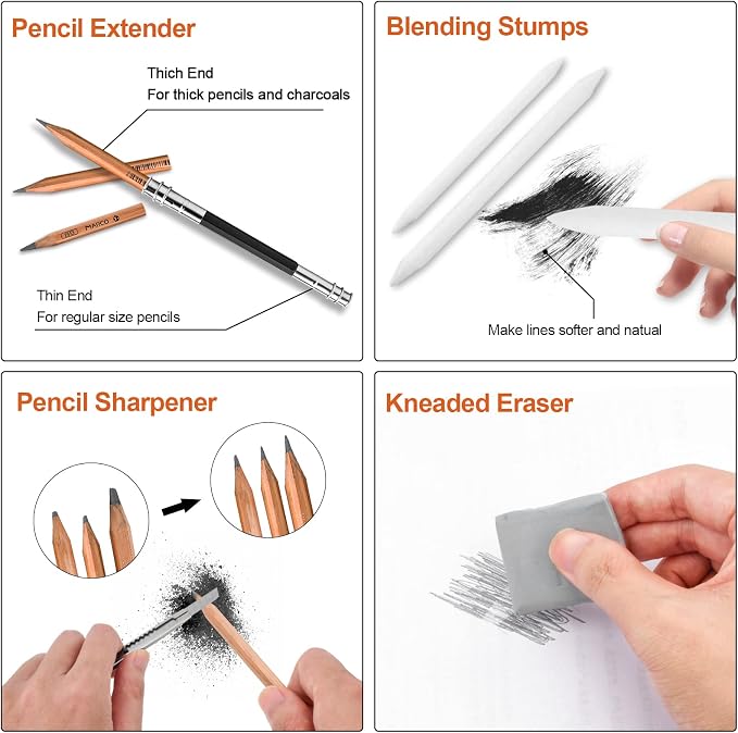 YunQiDeer Drawing Pencils, Professional Charcoal & Graphite Sketching Pencil Kit for Beginners & Adults, Art Supplies for Blending Shading