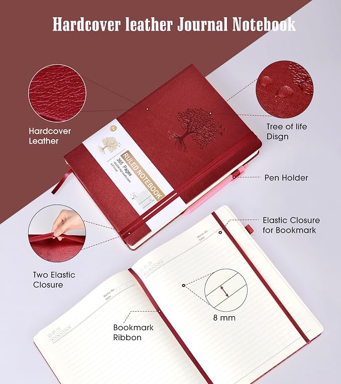 Lined Journal Notebook, 365 Pages A4 Big Journals for Writing College Ruled Notebook, Hardcover Leather Journal for Women Men, Daily Notebook for Work, Note Taking, 100Gsm Thick Paper( 8.5" x 11"Wine)