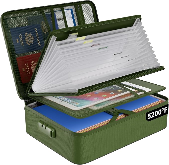 ENGPOW Fireproof Document Organizer Bag with Lock ＆ Accordion File Folder | 5200℉ Multi-Layer File Organizer Box with Lock ,Heat Insulated, Water Resistant, Safe Storage for Home Office Travel,Green