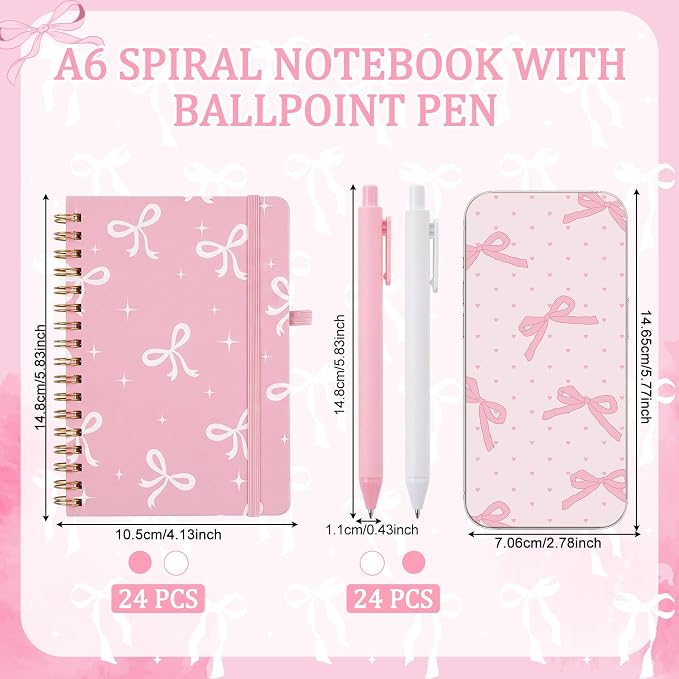 Fulmoon 24 Set Pink Bow A6 Spiral Notebook with Ballpoint Pens 50 Sheets, 4"x 6" Small Bow College Ruled Notepads Journaling Notebooks Bulk for Back to School Supplies Offices Team Coquette Gifts
