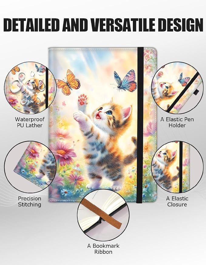 Hardcover Executive Notebooks, A5 PU Leather Lined Journal Notebook, 200 Pages Thick Paper Subject Notebooks for School,Work,Home Writing Business Notebook, Diary Book ，Cute Kitten and Butterfly