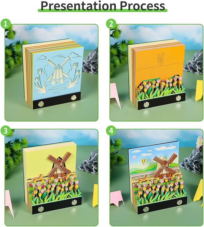 3D Memo Pad, Windmill 3D Notepad Paper Carving Non-Stick Sticky Notes Cute Silhouette, 3D Art Memo Pad Paper Art with Lights DIY Desk Decoration Gift