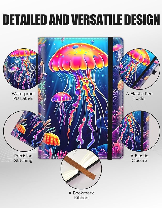 Hardcover Executive Notebooks, A5 PU Leather Lined Journal Notebook, 200 Pages Thick Paper Subject Notebooks for School,Work,Home Writing Business Notebook, Diary Book ，Colorful Large Jellyfish