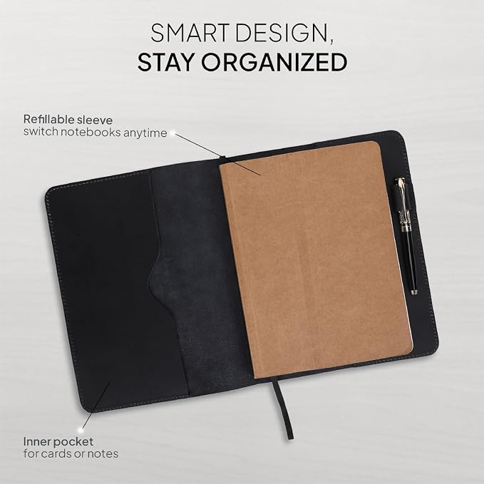 XL Leather Journal Cover Black 7.5 x 9.5 Inch – Refillable Genuine Leather Cover for Composition Notebook, B5 Planner & Diary – Handmade Protective Travel Writing Case